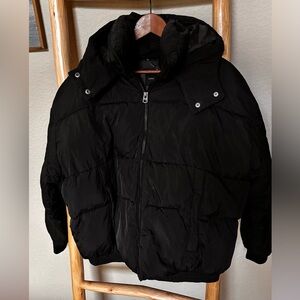 Lucky Brand Black Hooded Puffer Jacket Women’s L Zip Front Waist Drawstring